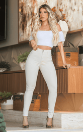 Calça Jeans Skinny Off White Cintura Alta Barra Reta